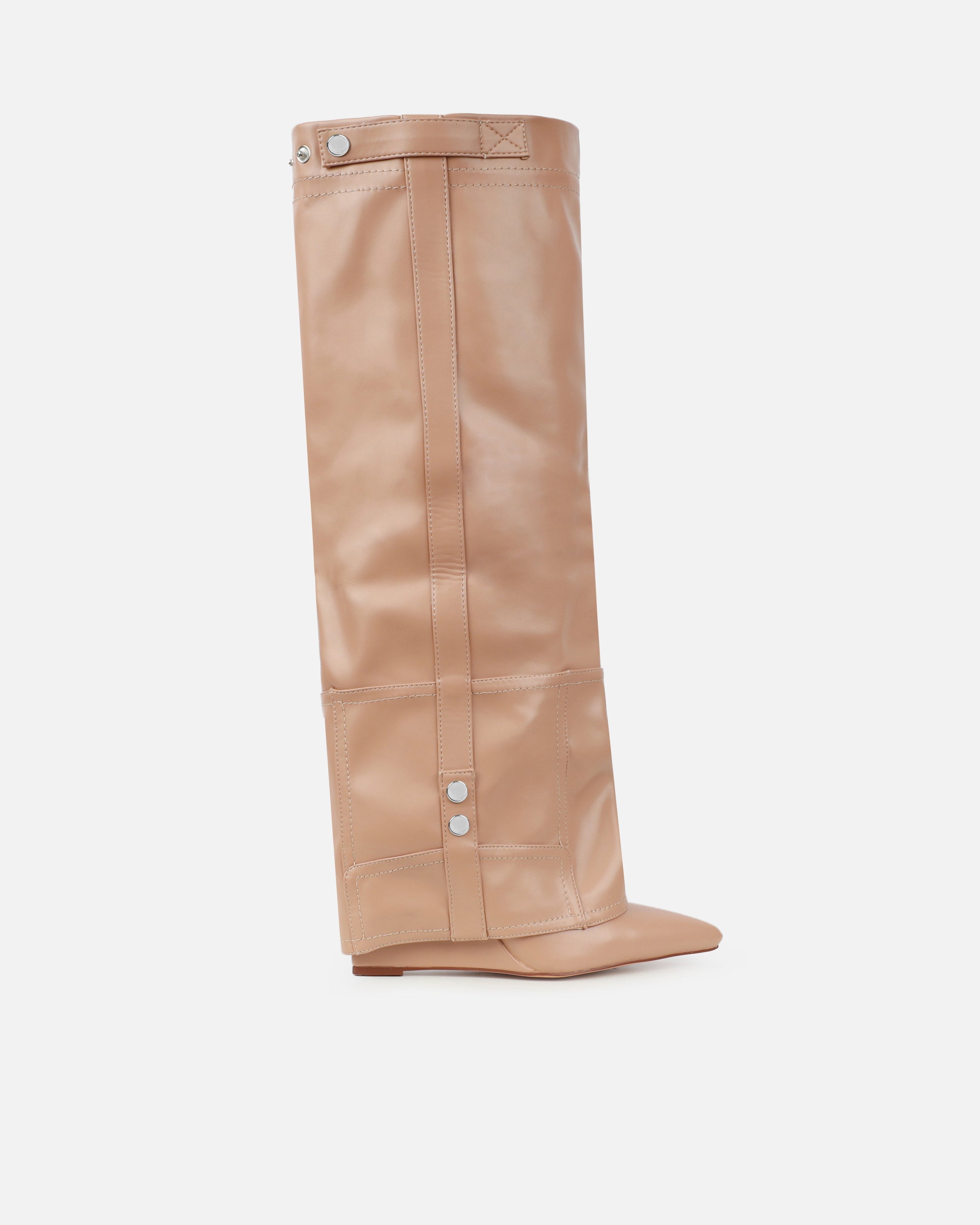 Sonny Beige Fold Over Wedge Knee Boots