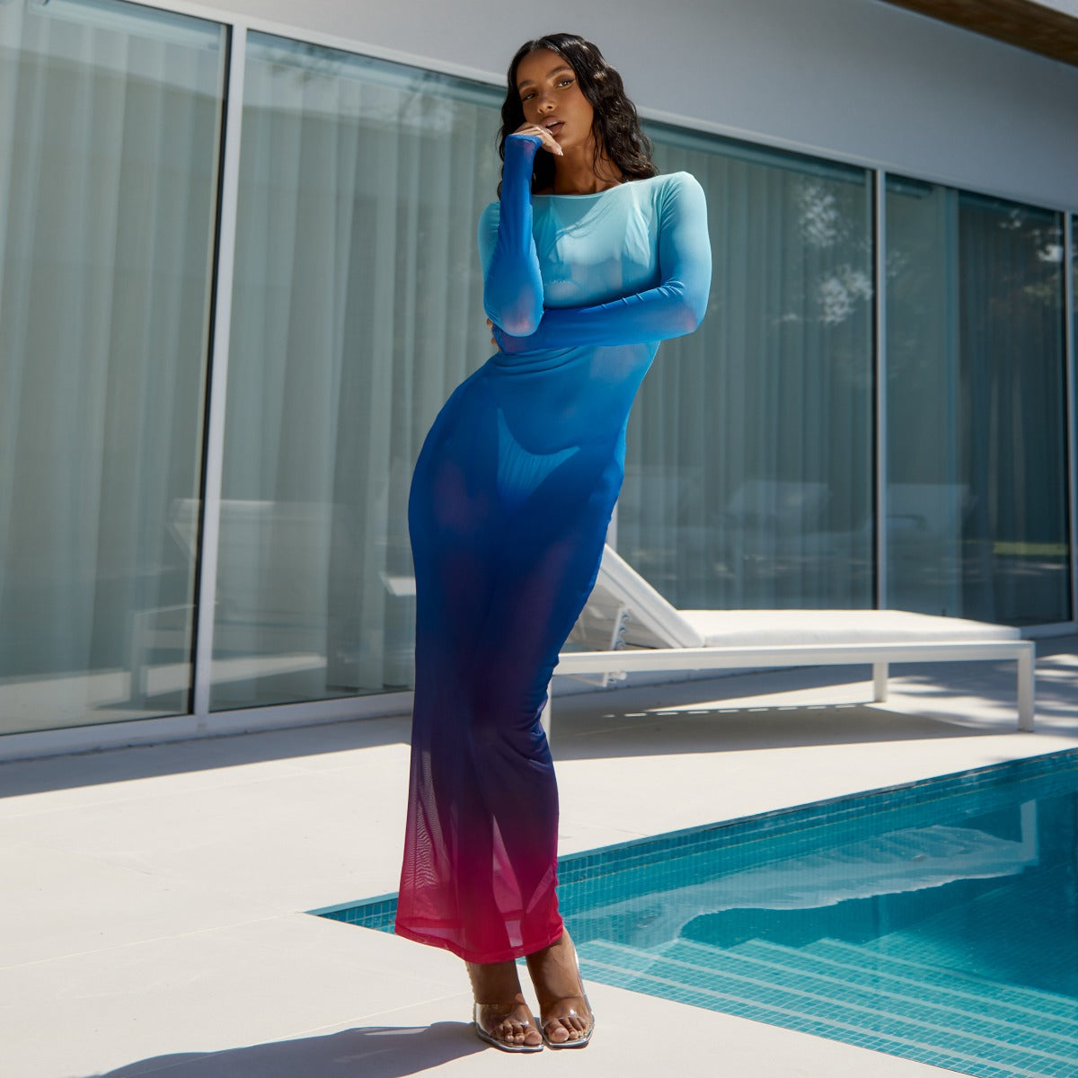 Spritz Blue Pink Ombre Backless Mesh Maxi Dress