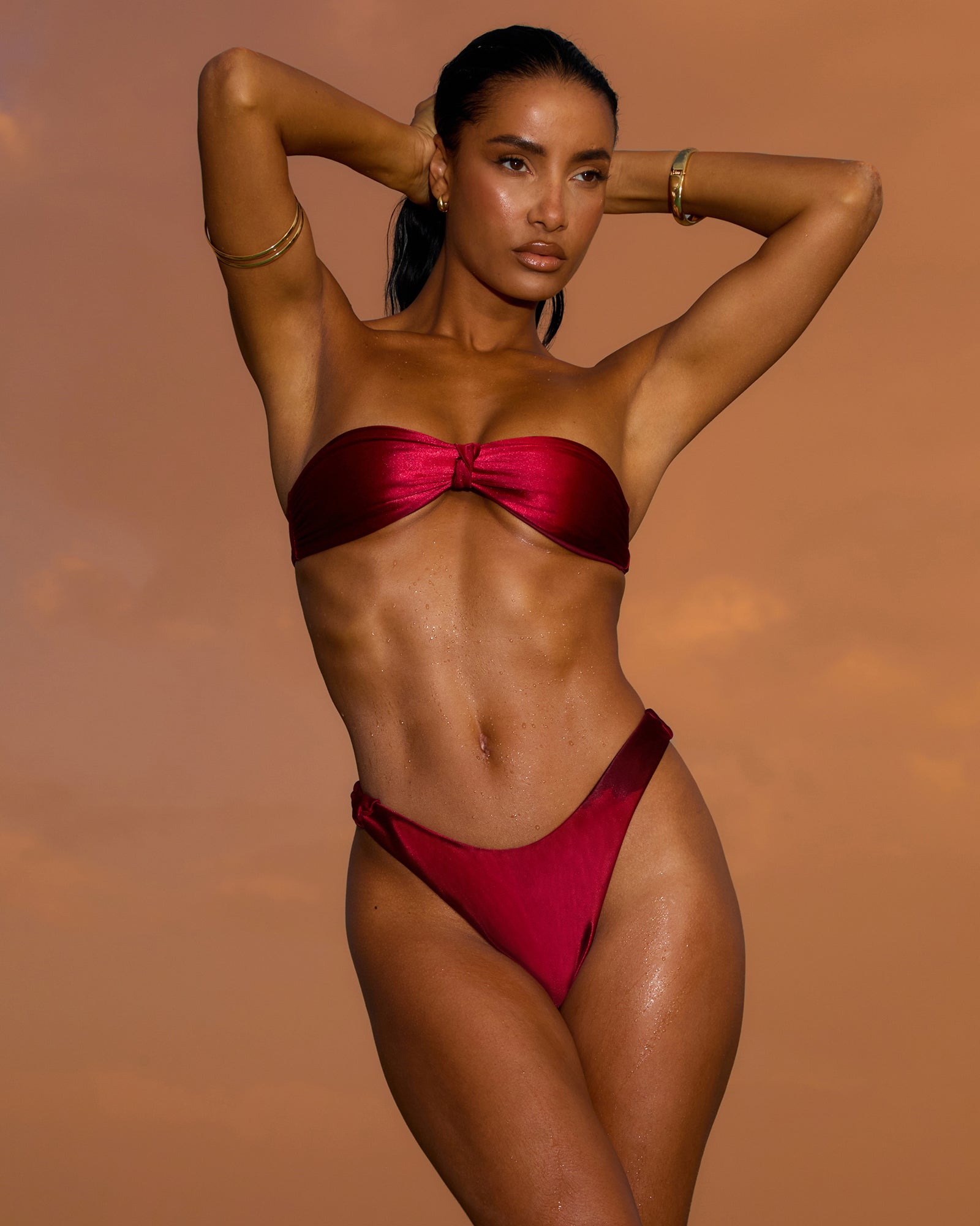 Sonara Deep Red Satin Knot Detail Bikini Set