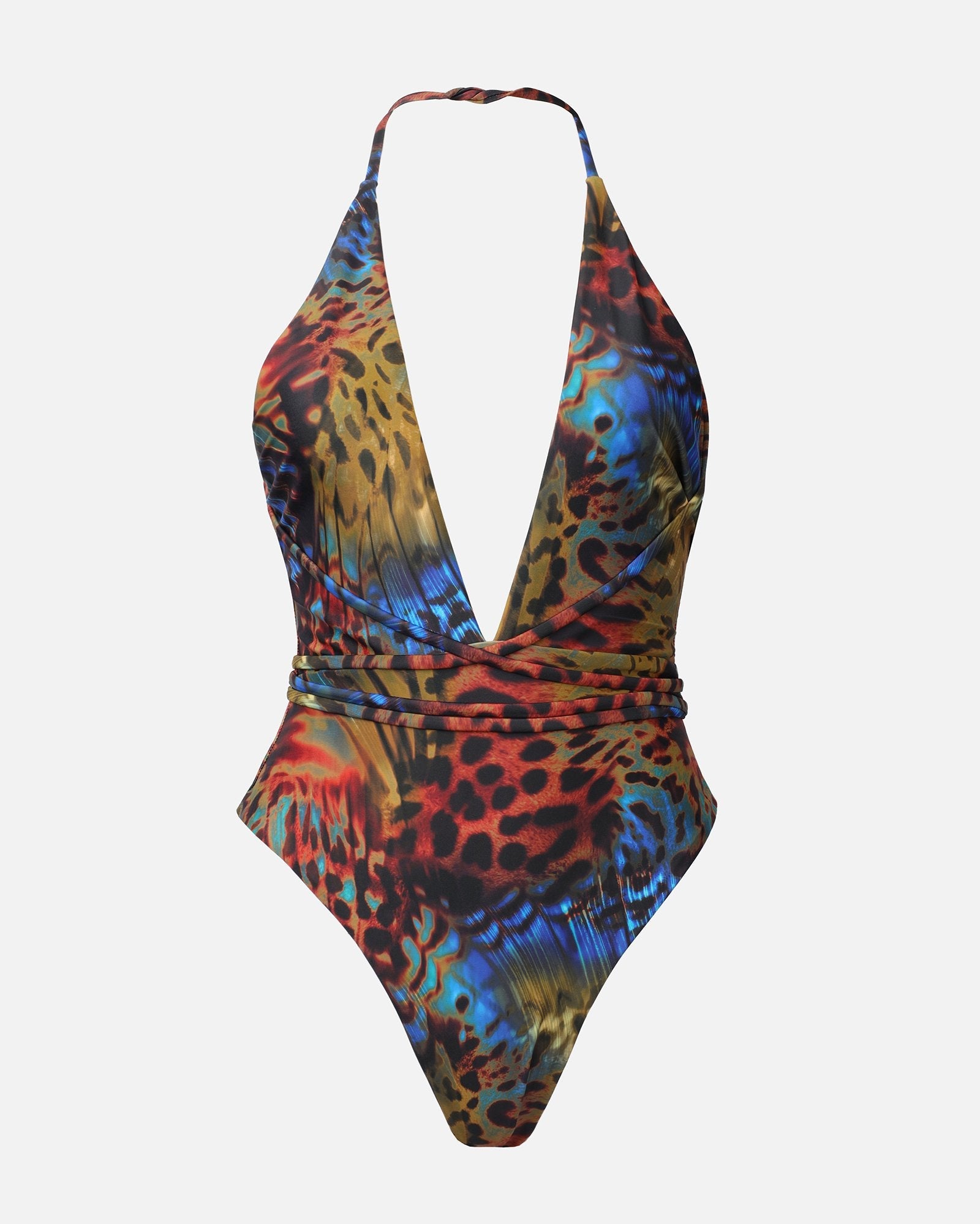 MICA BUTTERFLY PRINT PLUNGE CROSS BACK STRAPPY TIE WAIST SWIMSUIT