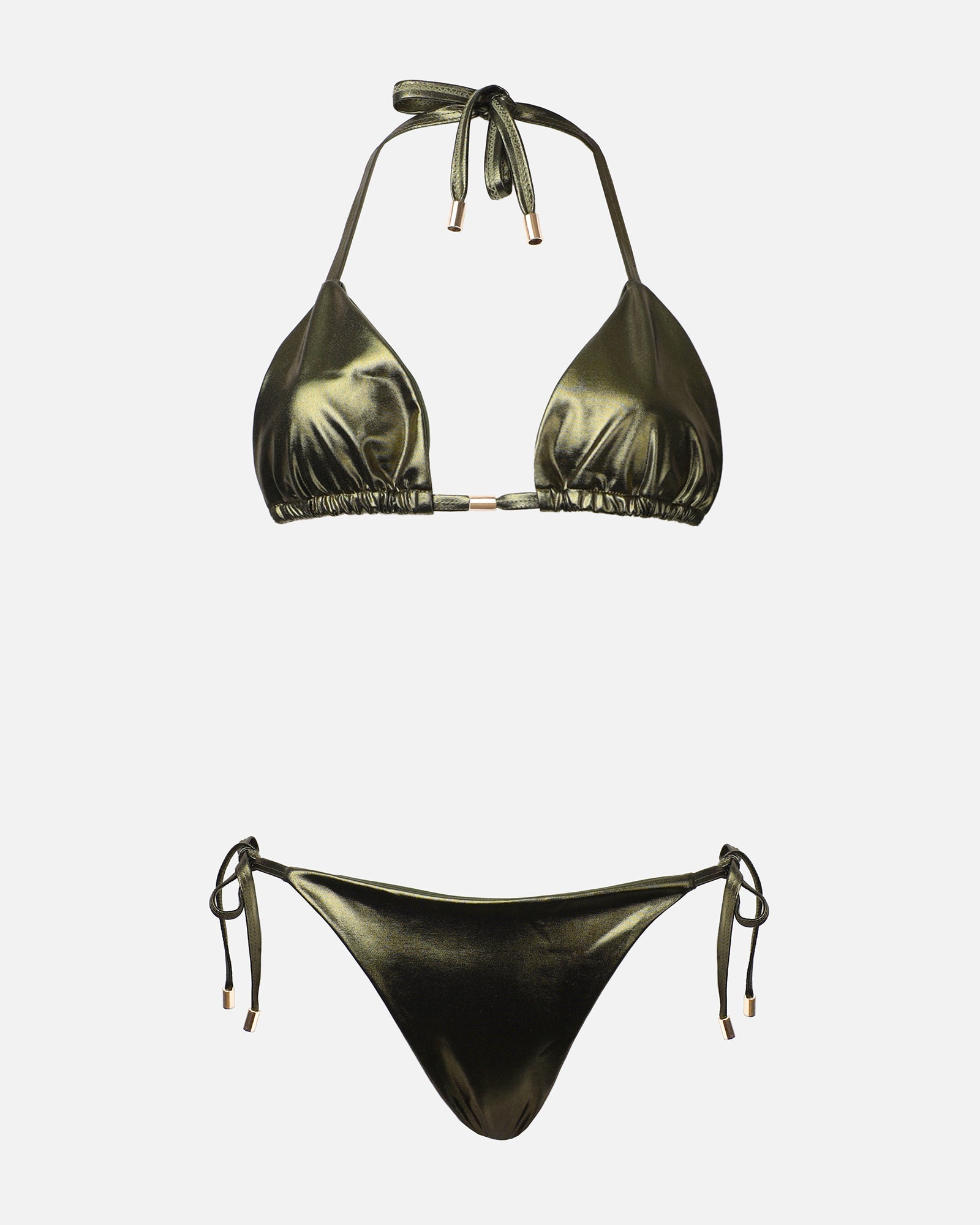 Amina Khaki Metallic Triangle Bikini Set