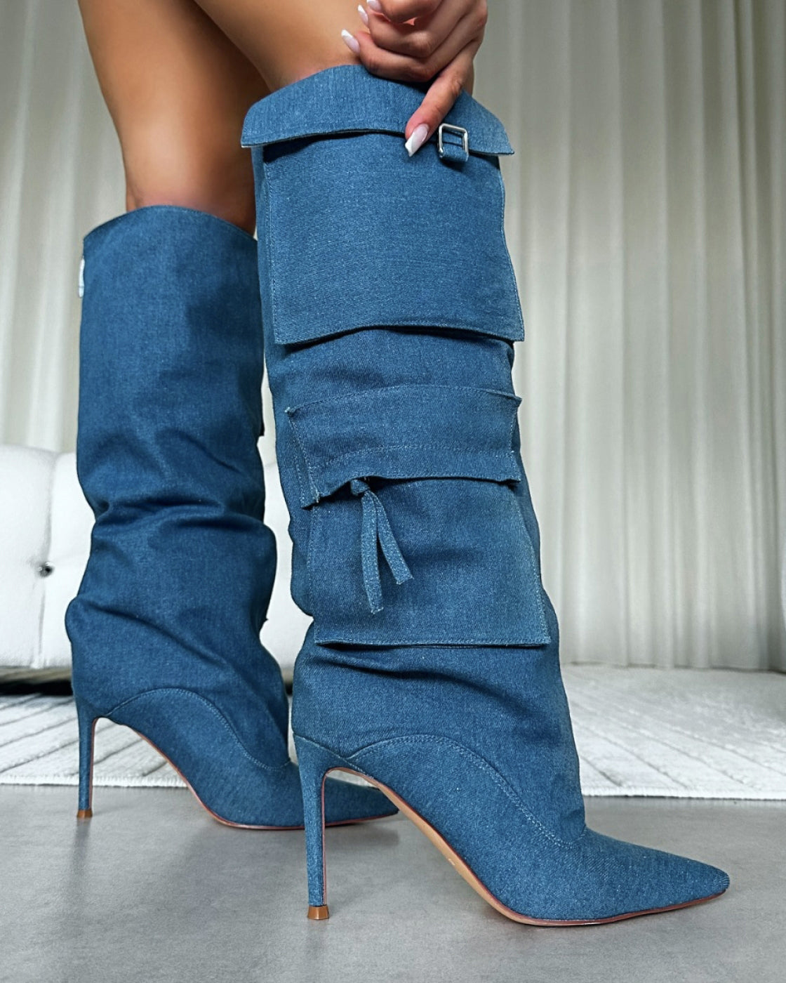 Stan Blue Denim Cargo Stiletto Boots