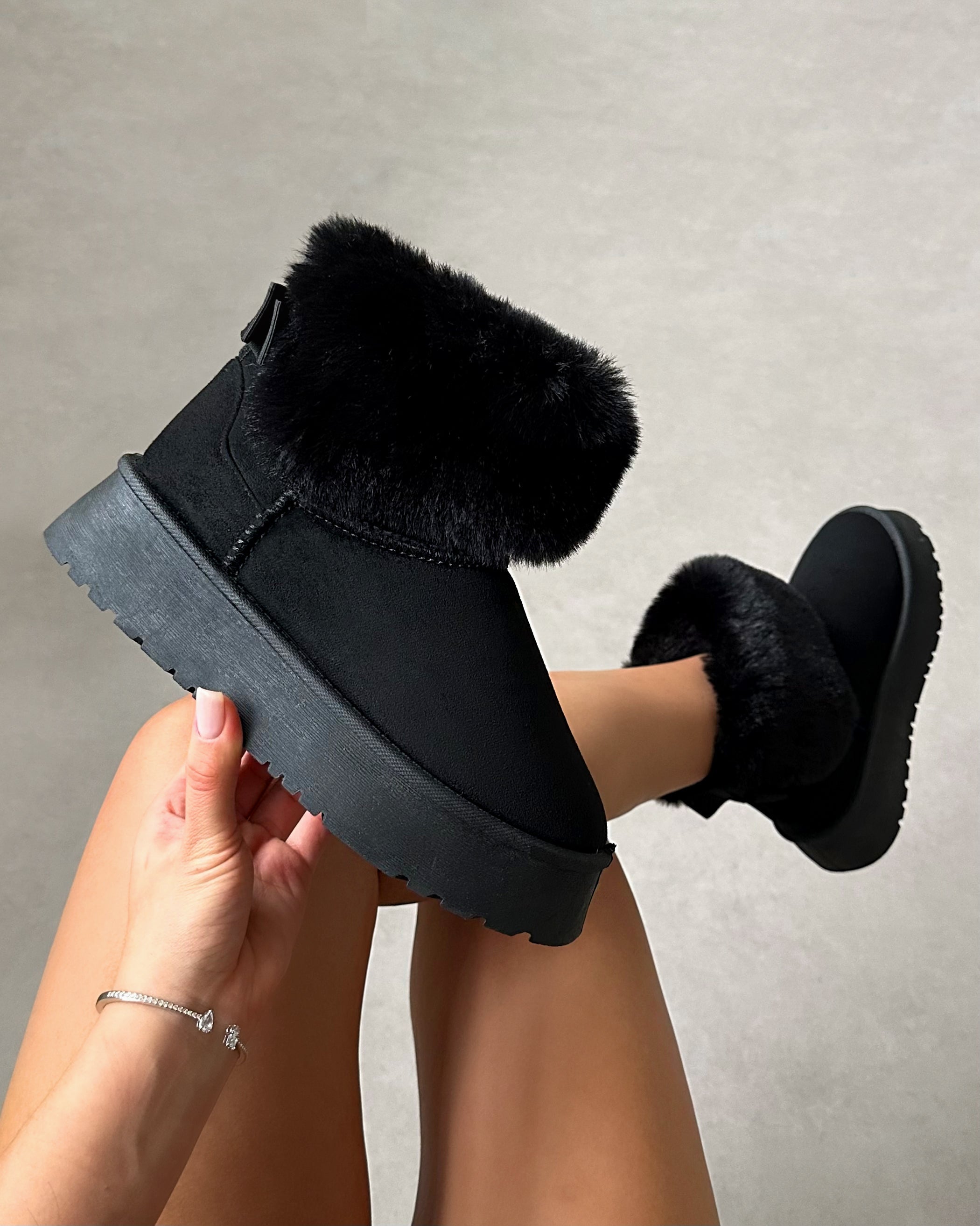 Tomiee Black Faux Suede Fur Trimmed Ankle Boots