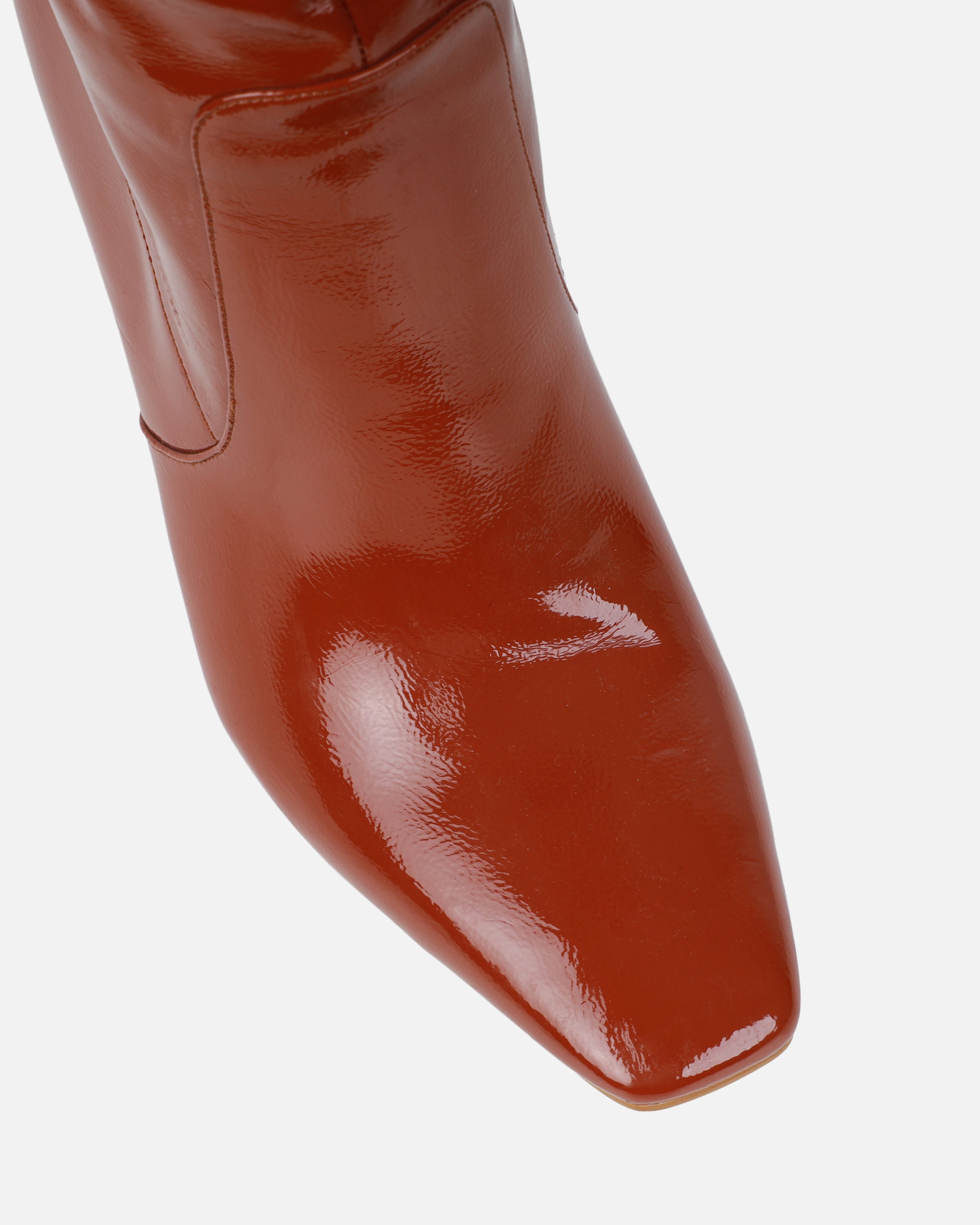 Usher Tan Patent Slouch High Heeled Over The Knee Boots